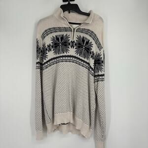 Aspen Sweater Men's Cream‎ Fair Isle Snowflake 1/4 Zip Cotton Knit Pullover XL